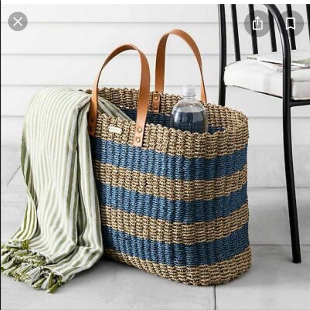 Hearth & Hand Magnolia XL Tote Bag Blue/Natural Seagrass NEW WITH TAGS 24 X 11 X